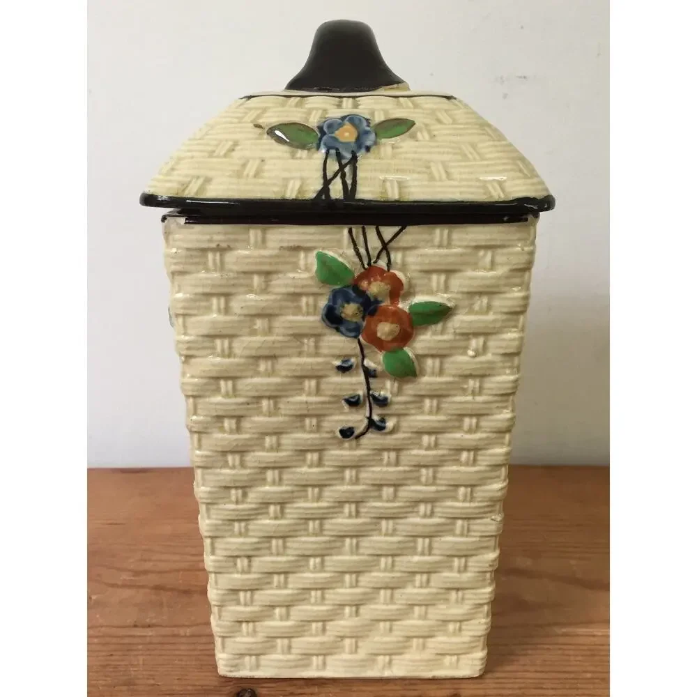 Vtg Hotta Yu Shoten Japan Japanese Basketweave Majolica Tea Jar Kitchen Canister